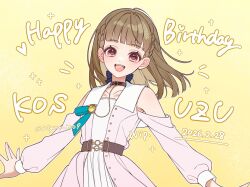  1girl :d armpit_crease bare_shoulders black_bow bow braid brown_hair center-flap_bangs clothing_cutout commentary_request cowboy_shot dated dream_believers dress gradient_background hair_bow happy_birthday highres kachimachi_kosuzu layered_dress link!_like!_love_live! long_hair long_sleeves looking_at_viewer love_live! nin_(niyuu_mo9) open_mouth pink_dress pink_eyes pleated_dress shoulder_cutout side_braids simple_background smile solo twitter_username unfinished virtual_youtuber yellow_background 