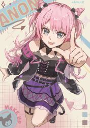  1girl absurdres bang_dream! bang_dream!_it's_mygo!!!!! black_jacket chihaya_anon commentary cone_hair_bun dated fang grey_eyes hair_bun highres hu_pi_xuan_jiao jacket long_hair looking_at_viewer off_shoulder open_clothes open_jacket open_mouth pink_hair purple_skirt sanrio skin_fang skirt solo thigh_strap 