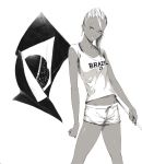  brazil brazilian_flag clothes_writing copyright_request dark_skin earrings flag jewelry looking_at_viewer monochrome navel sawasawa shorts simple_background smile solo tank_top white_background 