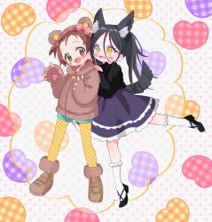  2girls absurdres animal_ears bear_ears bear_paws black_hair black_shoes black_sweater blue_shorts blue_skirt blush_stickers bobby_socks braid braided_bangs brown_coat brown_eyes brown_hair brown_shoes coat fake_animal_ears fur-trimmed_shoes fur_coat hair_between_eyes hands_on_another's_shoulders hashtag-only_commentary heart heart_background highres hood hood_down hooded_coat kamisaki_hikaru long_hair looking_at_another looking_at_viewer mary_janes medalist_(manga) medium_skirt multiple_girls pantyhose pantyhose_under_shorts polka_dot polka_dot_pantyhose ponytail shoes short_hair short_shorts shorts skirt socks standing standing_on_one_leg sukoyaka_(100hituzi) sweater tail waving white_socks wolf_ears wolf_tail yellow_eyes yellow_pantyhose yuitsuka_inori 