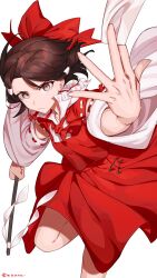  1girl absurdres ascot bow brown_eyes brown_hair commentary_request detached_sleeves embodiment_of_scarlet_devil frilled_bow frilled_hair_tubes frills gohei hair_bow hair_tubes hakurei_reimu highres holding holding_gohei holding_ofuda medium_hair miraclevoltage nontraditional_miko ofuda red_bow red_skirt ribbon-trimmed_sleeves ribbon_trim signature skirt skirt_set solo touhou white_background yellow_ascot 