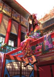  black_hair clog_sandals cup east_asian_architecture fuji_choko hair_ornament holding japanese_clothes kimono long_hair no_socks original red_eyes sitting solo water 