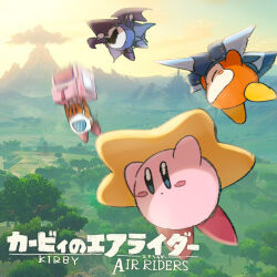  bandana_waddle_dee blush_stickers brand_name_imitation chef_kawasaki closed_eyes colored_skin commentary_request falling highres imo_yaco kirby kirby_(series) kirby_air_ride kirby_air_riders meta_knight motion_blur outdoors pink_skin screenshot_background shadow_star the_legend_of_zelda the_legend_of_zelda:_breath_of_the_wild volcano wagon_star warp_star wing_star 