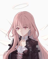 1girl arknights black_jacket closed_mouth commentary detached_wings grey_background halo highres jacket lemuen_(arknights) long_hair looking_at_viewer nemesis_gx pink_eyes pink_hair shirt simple_background smile solo traditional_halo upper_body white_halo white_shirt wings zipper 