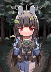  1girl absurdres ahoge bell binoculars black_gloves black_hair blue_archive blue_shirt blue_skirt blush closed_mouth collar commentary_request forest gloves green_neckerchief halo headgear highres holding holding_collar jingle_bell leaf leaf_on_head long_hair long_sleeves miyu_(blue_archive) mugichoko_(mugi_no_choko) nature neckerchief night outdoors pantyhose pink_collar pleated_skirt puffy_long_sleeves puffy_sleeves red_eyes sailor_collar shirt skirt solo sweat unworn_collar very_long_hair white_pantyhose white_sailor_collar 