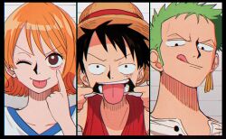  1girl 2boys akanbe black_hair brown_eyes cheek_pull collarbone commentary_request earrings eyelid_pull finger_to_eye fingers_to_mouth green_hair hat jewelry looking_at_viewer monkey_d._luffy multiple_boys nami_(one_piece) ns1123 one_eye_closed one_piece open_mouth orange_hair red_vest roronoa_zoro scar scar_on_cheek scar_on_face shirt short_hair straight-on straw_hat straw_hat_pirates tongue tongue_out upper_body v-neck vest white_shirt 
