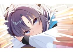  1girl arm_pillow arms_on_table blue_archive blue_eyes book book_stack commentary_request head_on_arm jacket lens_flare letterboxed light_blush looking_at_viewer netarou purple_hair red_pupils smile solo two_side_up white_jacket yuuka_(blue_archive) 