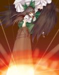  absurdres arm_cannon black_wings bow brown_hair cape fire flying hair_bow hair_ribbon highres m134 open_mouth reiuji_utsuho ribbon skirt solo touhou weapon wings 