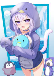  1girl absurdres blue_choker blush cat_girl cat_tail choker commentary_request hair_between_eyes highres hololive hood hood_up long_sleeves looking_at_viewer nekomata_okayu onigirya_(nekomata_okayu) open_mouth parijennu222 purple_hair purple_tail sleeves_past_fingers sleeves_past_wrists smile solo stuffed_animal stuffed_toy tail violet_eyes 