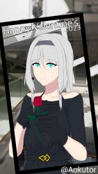  1girl 2023 absurdres alternate_hair_color an-94_(girls'_frontline) an-94_(silent_rouge)_(girls'_frontline) aokutor aqua_eyes bare_shoulders black_border black_dress black_gloves black_hairband blurry blurry_background border breasts closed_mouth commentary dress english_commentary flower girls_frontline gloves grey_hair hairband happy_valentine highres holding holding_flower long_hair looking_at_viewer official_alternate_costume red_flower red_rose rose sidelocks smile solo standing twitter_username upper_body 