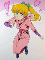  1girl bandana black_socks blonde_hair blue_eyes bow commentary_request fishnet_sleeves fishnets full_body green_bow hair_bow heart highres japanese_clothes kimono kiriga_mako kuji-in long_hair ninja pants pink_bandana pink_kimono pink_pants ponytail sandals sasuga_no_sarutobi smash_k-tarou socks solo tabi 