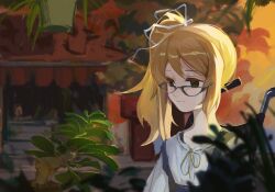  1girl acminaasonde blouse blue_overalls brown_eyes brown_hair chaos;child crying dusk flat_chest foliage glasses hair_ribbon highres one_side_up outdoors overalls petite plant ribbon science_adventure shirt solo tagme wheelchair white_ribbon white_shirt yamazoe_uki 
