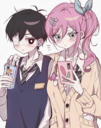  1boy 1girl alternate_costume antenna_hair aubrey_(faraway)_(omori) aubrey_(omori) black_bow black_bowtie black_hair black_necktie black_sweater_vest blue_eyes blue_ribbon bow bowtie bright_pupils brown_cardigan cardigan cellphone character_charm charm_(object) collarbone collared_shirt commentary_request double-parted_bangs drink_carton eyepatch forest_bunny_(omori) hair_between_eyes hair_ornament hair_ribbon hairclip hand_on_another's_shoulder highres holding holding_juice_box juice_box mr._plantegg_(omori) necktie omori phone pink_hair pink_nails ribbon shirt short_hair side_ponytail sidelocks smartphone sunny_(omori) sweater_vest white_pupils white_shirt wktdms1 