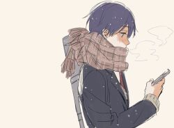  1boy black_jacket blazer blue_hair breath brown_scarf cellphone covered_mouth fringe_trim from_side hand_up holding holding_phone jacket kenmochi_touya kenmochi_touya_(1st_costume) light_blush long_hair long_sleeves looking_at_phone looking_down male_focus mnmn_nc necktie nijisanji phone plaid_clothes plaid_scarf profile red_necktie scarf scarf_over_mouth school_uniform simple_background smartphone snowing solo upper_body very_long_hair virtual_youtuber weapon_bag winter_uniform 