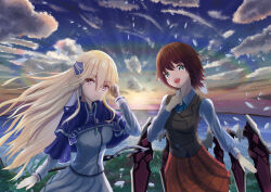  2girls absurdres aoi_erika blonde_hair blue_cape blue_eyes brown_hair cape ceazer_pixiv commentary_request grass hand_on_own_chest heaven_burns_red highres horizon long_hair looking_at_viewer multiple_girls open_mouth shirakawa_yuina short_hair 