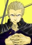  absurdres bad_id blonde_hair bullet cracking_knuckles ebi-g highres jacket jacket_on_shoulders jewelry looking_at_viewer male necklace persona persona_4 piercing scar short_hair solo tatsumi_kanji 