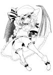  bat_wings bloomers blush dress hat highres kazumi_yoshiyuki looking_at_viewer midriff monochrome navel open_mouth pointing pointing_at_viewer remilia_scarlet short_hair solo touhou wings wrist_cuffs 