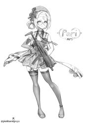  absurdres bare_shoulders beret braid character_name fingerless_gloves frown full_body girls'_frontline_2:_exilium girls_frontline gloves greyscale gun hat highres holding holding_gun holding_weapon legs looking_at_viewer medium_hair microskirt miniskirt monochrome mp5_(girls'_frontline) peri_(girls'_frontline_2) pinkturnip232 plaid_clothes plaid_skirt pleated_skirt skirt standing submachine_gun thigh-highs thighs vest weapon 