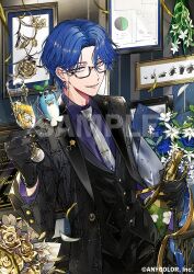  black-framed_eyewear black_gloves black_jacket black_vest blue_hair blue_shirt collared_shirt commentary_request company_name copyright_notice cup drink flower glasses gloves grey_eyes grey_necktie holding holding_cup jacket leos_vincent leos_vincent_(3rd_costume) mameneko_(leos_vincent) necktie nijisanji official_alternate_costume official_alternate_hairstyle official_art open_clothes open_jacket sample_watermark shirt sparkle suou_(sdurorhr) vest virtual_youtuber watermark yellow_flower 