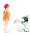  barefoot blush bottomless green_eyes green_hair hair_ribbon hairclip hino_akane long_sleeves midorikawa_nao multiple_girls open_mouth outstretched_arms outstretched_hand ponytail precure red_eyes red_hair redhead ribbon shirt_only short_hair short_sleeves simple_background sitting sleeves_past_wrists smile_precure! tima undressing white_background 
