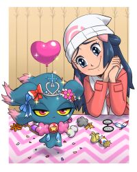  1girl :> :< absurdres balloon beanie blue_bow blue_eyes blue_hair blush border bow candy closed_mouth colored_sclera commentary confetti english_commentary eyelashes feathers flower food gameplay_mechanics hair_ornament hat head_tilt heart heart_balloon highres hikari_(pokemon) long_hair long_sleeves misdreavus orange_flower own_hands_together pink_flower pokemon pokemon_(creature) pokemon_dppt pokemon_platinum red_bow red_eyes scarf sidelocks silver_tiara smile sparkle the_living_machine unworn_eyewear upper_body white_border white_hat white_scarf wrapped_candy yellow_sclera 