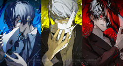  3boys amamiya_ren black_hair blue_eyes blue_hair commentary gekkoukan_high_school_uniform grey_hair highres male_focus mask multiple_boys narukami_yu ore_iuse persona persona_3 persona_3_reload persona_4 persona_5 red_eyes school_uniform thanatos_(persona) yellow_eyes yuuki_makoto_(persona_3) 