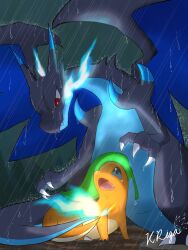 2others artist_name black_skin blue_eyes blue_fire blue_skin charizard closed_mouth dragon fang fangs fire furry height_difference horn horns leaf leaf_umbrella lizard mega_charizard_x mega_pokemon no_humans open_mouth orange_skin pokemon pokemon_(anime) pokemon_(creature) pokemon_(game) pokemon_xy rain red_eyes sharp_fingernails sharp_teeth signature size_difference spikes tail tears two-tone_skin uchikki_riza wet wings