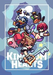  1girl 4boys :o arms_up black_eyes blue_hat border brown_hair chain chain_necklace closed_eyes clouds commentary copyright_name donald_duck falling gloves goofy grey_hair hat heart holding holding_key holding_staff holding_weapon jewelry kairi_(kingdom_hearts) key keyblade kingdom_hearts kingdom_hearts_i mage_staff moogle multiple_boys necklace open_mouth pants purple_skirt red_hair red_pants riku_(kingdom_hearts) shirt shoes short_sleeves skirt sky smile sora_(kingdom_hearts) spiky_hair staff star_(sky) starry_sky teeth timtam weapon white_gloves white_shirt yellow_hat yellow_pants yellow_shoes 