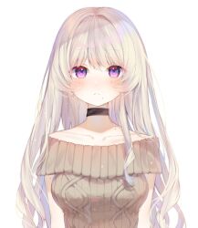  1girl :< aimi_(mimi_nii2) aran_sweater arms_at_sides bare_arms bare_shoulders black_choker blush breasts brown_sweater cable_knit choker closed_mouth earrings eyes_visible_through_hair frown hair_between_eyes hair_intakes highres impossible_clothes impossible_sweater jewelry light_particles long_hair looking_at_viewer mole mole_under_mouth off-shoulder_sweater off_shoulder original pale_skin short_sleeves sidelocks simple_background single_earring small_breasts solo sparkle straight-on sweater swept_bangs tareme upper_body very_long_hair violet_eyes white_background white_hair 