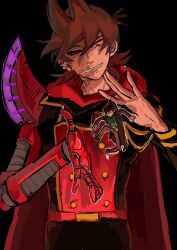  2boys animification antenna_hair beard_stubble belt black_background black_coat black_sclera black_shoes brown_hair burn_scar buttons cape chinese_commentary coat colored_sclera commentary_request cyborg drawstring edd_(eddsworld) eddsworld facial_hair flipped_hair future_edd_(eddsworld) green_hoodie grey_pants hair_behind_ear hair_ears highres holding holding_mini_person hood hood_down hoodie kuangzihaixing long_sleeves looking_at_another male_focus mechanical_arms military_coat military_uniform mini_person miniboy mismatched_sclera multiple_boys open_clothes open_coat pants prosthesis prosthetic_arm red_belt red_cape red_eyes red_hood red_leader_(eddsworld) scar scared scruffing shoes short_hair simple_background single_mechanical_arm smile standing stubble the_beginning_and_the_friend tord_(eddsworld) trench_coat upper_body 