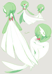  bob_cut closed_eyes colored_skin dress gardevoir green_hair green_skin grey_background highres multicolored_skin multiple_views pink_eyes pokemon pokemon_(creature) simple_background sok_(mr14_c) two-tone_skin white_dress white_skin 