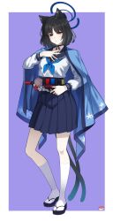  1girl absurdres animal_ear_fluff animal_ears black_choker black_eyes black_hair black_sailor_collar black_sandals black_skirt blue_archive blue_halo blue_neckerchief bow bow_choker build_driver cat_ears cat_girl cat_tail choker commentary_request commission full_body halo highres kamen_rider kamen_rider_build_(series) kikyou_(blue_archive) kimono_on_shoulders kneehighs long_sleeves looking_at_viewer medium_hair multicolored_halo multiple_tails neckerchief nekomata noonnoon531 parted_bangs parted_lips pixiv_commission pleated_skirt purple_background rider_belt sailor_collar sandals school_uniform serafuku sidelocks simple_background skirt socks solo standing tail two-tone_background two-tone_halo two_tails white_serafuku white_socks 