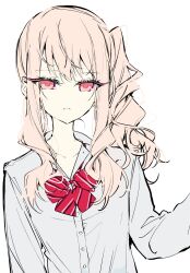  1other aimi_(mimi_nii2) akiyama_mizuki alternate_hair_color arm_at_side bow bowtie brown_hair buttons closed_mouth collarbone collared_shirt diagonal-striped_bow diagonal-striped_bowtie diagonal-striped_clothes drill_hair drill_sidelocks eyes_visible_through_hair flat_chest flat_color frown grey_shirt hair_between_eyes hand_up hashtag-only_commentary high_side_ponytail highres kamiyama_high_school_uniform_(project_sekai) long_hair long_sleeves looking_at_viewer no_nose other_focus pale_skin pink_eyes project_sekai puffy_long_sleeves puffy_sleeves red_bow red_bowtie school_uniform shirt side_drill side_ponytail sidelocks simple_background solo striped_bow striped_bowtie striped_clothes swept_bangs tsurime white_background 