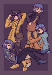  1girl absurdres arm_behind_head arm_up black_coat black_eyes black_hat black_pants blue_hair brown_bag brown_skirt closed_mouth coat commentary coraline_(movie) coraline_jones english_commentary freckles fujimna hat highres looking_at_viewer open_clothes open_coat open_mouth pants short_hair skirt smile solo yellow_coat 