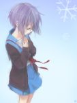  a-ka cardigan closed_eyes eyes_closed glasses highres nagato_yuki paper purple_hair school_uniform serafuku short_hair snowflakes solo suzumiya_haruhi_no_shoushitsu suzumiya_haruhi_no_yuuutsu 