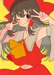  1girl absurdres ascot blush booonyanyanya bow brown_eyes brown_hair closed_mouth commentary detached_sleeves frilled_bow frilled_hair_tubes frills hair_bow hair_tubes hakurei_reimu highres long_hair looking_at_viewer midriff_peek navel one-hour_drawing_challenge one_eye_closed red_bow red_skirt simple_background skirt skirt_set smile solo touhou yellow_ascot yellow_background 