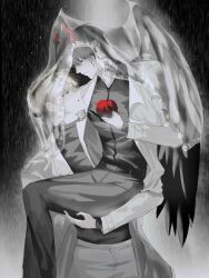  2boys apple black_hair black_shirt black_wings carrying carrying_person character_request check_character coat collared_shirt colored_extremities commentary demon_horns feathered_wings fingernails food fruit highres holding holding_food holding_fruit horns hydrangea9158 kim_dokja looking_at_another multiple_boys official_alternate_costume omniscient_reader's_viewpoint open_clothes open_coat popped_collar princess_carry rain red_eyes shared_veil sharp_fingernails shirt short_hair smile spot_color untranslatable_commentary white_coat wings yoo_joonghyuk 