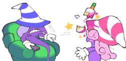  2girls beldam blush_stickers bottle broken_bottle chair clenched_teeth colored_skin controller curly_hair frown ghost_tail gloves hat holding holding_controller holding_remote_control inkerton-kun long_hair meme multiple_girls on_chair open_mouth paper_mario paper_mario:_the_thousand-year_door pink_hair pointy_nose purple_hair purple_skin remote_control sitting star_(symbol) striped_clothes striped_hat striped_headwear super_mario_bros. teeth throwing vivian_(paper_mario) white_gloves witch_hat 