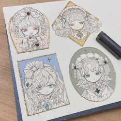  acrylic_paint_(medium) beads blue_eyes blunt_bangs bonnet border bow brooch closed_mouth commentary_request crown curly_hair expressionless finger_to_mouth frilled_shirt_collar frills gem gold_outline green_eyes hair_bow hair_ribbon headdress high_collar highres ink jewelry karintoun lace long_hair looking_at_viewer maid_headdress marker medium_hair multiple_girls original painting_(medium) pale_skin paper parted_bangs pastel_colors pen pendant photo_(medium) pink_eyes portrait ribbon shushing signature simple_background sketchbook straight-on swept_bangs table traditional_media watercolor_(medium) white_background white_hair wooden_table yellow_eyes 