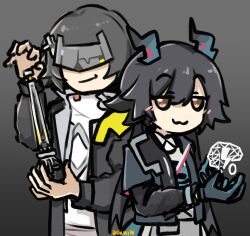  2girls :3 arknights arknights:_endfield artist_name black_coat black_hair blue_gloves brown_eyes chen_qianyu_(arknights) coat commentary derivative_work dokmin endministrator_(arknights) english_commentary female_endministrator_(arknights) gloves gradient_background grey_background hair_between_eyes hand_up highres jitome long_hair long_sleeves looking_at_viewer meme multiple_girls nikola_tesla_and_albert_einstein_(meme) open_clothes open_coat red_pupils short_hair simple_background smug standing sweater twintails white_sweater 