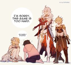 1boy 3girls aether_(genshin_impact) ahoge arms_up artist_self-insert asmoday_(genshin_impact) bare_shoulders black_fur blonde_hair boots brother_and_sister brown_hair closed_eyes colored_skin commentary crop_top defeat dress english_commentary english_text faceless faceless_female faceless_male from_behind full_body fur_trim genshin_impact hair_between_eyes hair_bun huge_ahoge kneeling long_hair lumine_(genshin_impact) messy_hair multicolored_skin multiple_girls no_eyes open_mouth pants short_hair siblings speech_bubble squatting standing stretching suit thigh_boots twins two-tone_skin wavy_hair white_dress white_hair yaoyaobae 