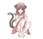  animal_ears barefoot bloomers brown_eyes brown_hair cat_ears cat_tail chen earrings feet full_body hat jewelry kuro_suto_sukii multiple_tails open_mouth sitting solo tail touhou 