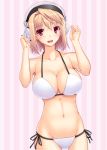  arcueid_brunestud bikini blonde_hair blush breasts cleavage collarbone headphones large_breasts looking_at_viewer miyai_max mound_of_venus navel nitroplus open_mouth red_eyes short_hair side-tie_bikini smile solo strap_gap striped striped_background super_sonico super_sonico_(cosplay) swimsuit thigh_gap tsukihime white_background white_bikini 