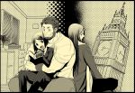  adult beard big_ben bob_cut book casual dual_persona facial_hair fate/zero fate_(series) kikuyarou landmark long_hair lord_el-melloi_ii male moire monochrome multiple_boys reading rider_(fate/zero) t-shirt waver_velvet 