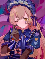  1girl akumu_no_niwa_wo_utai_akashite_(project_sekai) azusawa_kohane blonde_hair blue_bow blush bow brown_eyes earrings elbow_gloves frilled_sleeves frilled_wrist_cuffs frills gloves hair_between_eyes headdress heart heart_earrings highres jewelry long_hair official_alternate_costume official_alternate_hair_length official_alternate_hairstyle one_eye_closed project_sekai puffy_sleeves sayuu_ananooo upper_body wrist_cuffs 