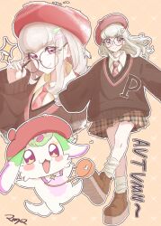  1girl absurdres adjusting_eyewear artist_name beret bespectacled black_sweater blonde_hair brown_shoes brown_skirt casual closed_mouth commentary dress_shirt dual_persona glasses hair_ornament hairclip hat highres kimi_to_idol_precure long_sleeves medium_hair miniskirt multiple_views musclemamayade necktie open_mouth pink_eyes pleated_skirt precure purirun_(fairy)_(precure) purirun_(precure) red_hat red_necktie school_uniform shirt shoes signature skirt smile socks sparkle sweater tanaka_purin v-neck white_shirt white_socks 