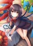  asymmetrical_wings bare_legs barefoot black_dress black_hair blush bon bow dress houjuu_nue looking_at_viewer on_bed pillow red_eyes short_hair sitting sitting_on_bed snake solo touhou v_arms wings wristband 