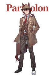  1boy absurdres animal_ear_piercing animal_ears asymmetrical_footwear belt briefcase brown_coat brown_hair brown_hat character_name coat collared_shirt commentary commission dress_shoes ears_through_headwear fedora fukuro_(maruaru00) full_body grey_pants hat highres horse_boy horse_ears horse_tail looking_at_viewer mismatched_footwear necktie open_clothes open_coat orange_eyes original pants partholon_(racehorse) personification pixiv_commission red_belt red_necktie shirt solo tail umamusume vest waistcoat white_shirt 