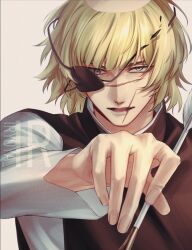  1boy badeni black_tabard blind_eye blonde_hair blue_eyes chi.:_chikyuu_no_undou_ni_tsuite eyepatch fingernails highres holding holding_quill iorbtyn looking_at_viewer loose_eyewear male_focus medium_hair open_mouth quill scar scar_on_face scar_on_mouth scar_on_nose solo tabard tonsure watermark 