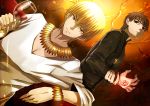  blonde_hair bracelet brown_eyes brown_hair carpe-diem--allegory command_spell couch cross cross_necklace cup dutch_angle fate/zero fate_(series) gilgamesh jewelry kotomine_kirei male multiple_boys necklace red_eyes wine wine_glass 